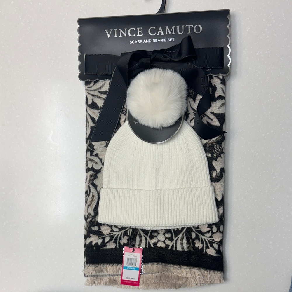 Vince Camuto Monochrome Floral Scarf and Beanie Set